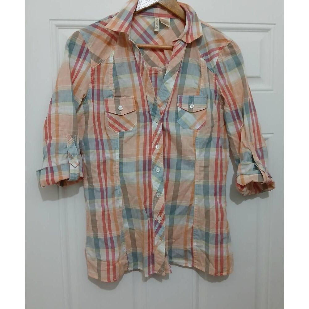 Passport womens medium peach pink tab sleeve Lightweight plaid shirt blouse